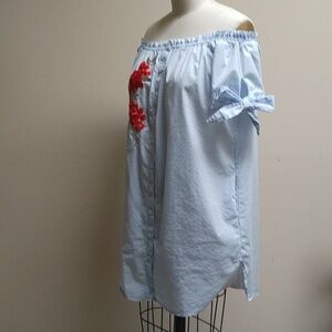 Forever21 Rose Applique Off-Shoulder Blue White Striped Shirt M